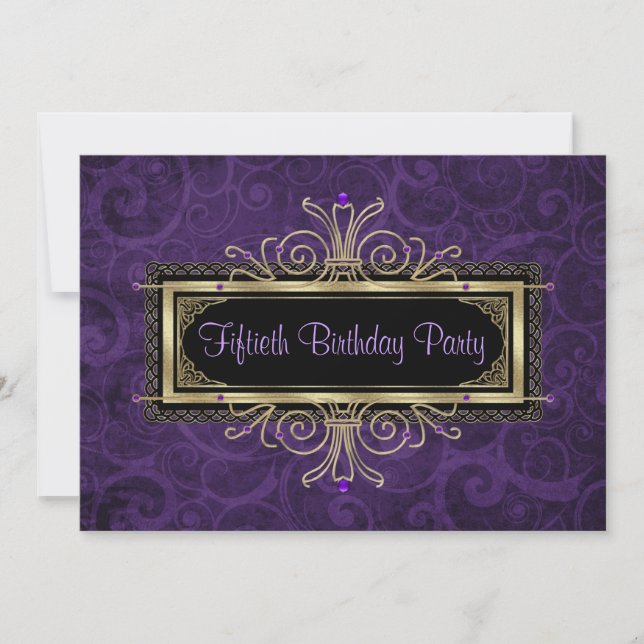 Invitation Purple Black Gold Womans Cinquantième fête d'anniv (Devant)
