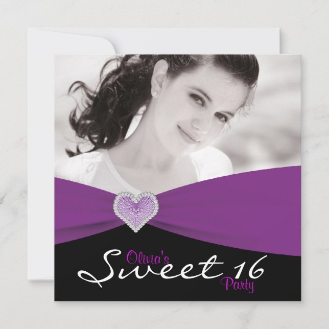 Invitation Purple Black Purple Sweet 16 Photo Anniversaire (Devant)