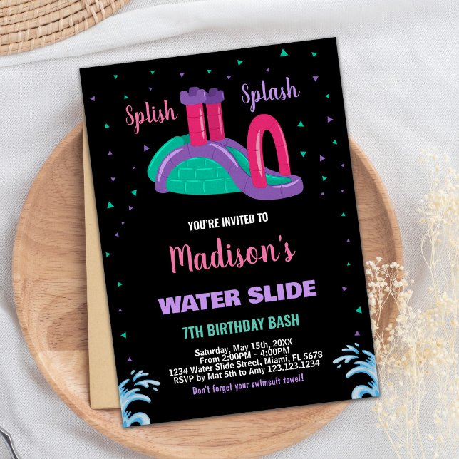 Invitation Purple Black Rose Water Slide Anniversaire Invitat (Purple Black Pink Water Slide Birthday Invitations)