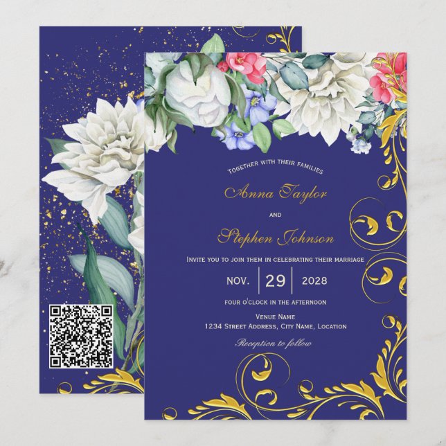 Invitation Purple Blanc Bleu Rose Or Tourne Botanique (Devant / Derrière)
