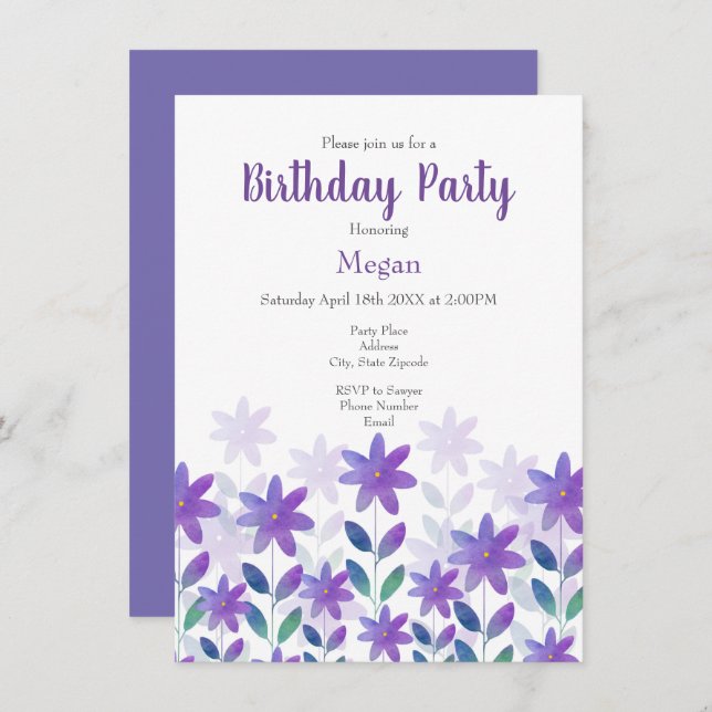 Invitation Purple bleu vert aquarelle Jardin Invitat (Devant / Derrière)