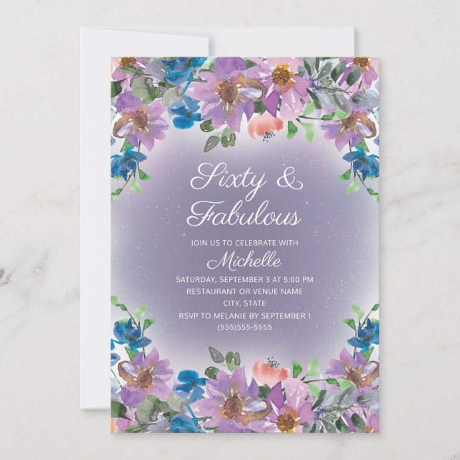 Invitation Purple Blue Floral Femme soixante fabuleux anniver (Devant)