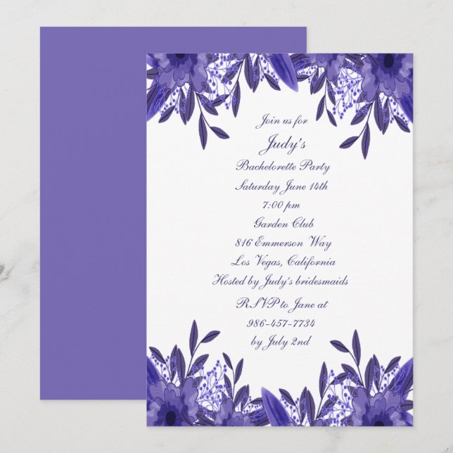 Invitation Purple Blue Floral Folial Bachelorette Party (Devant / Derrière)