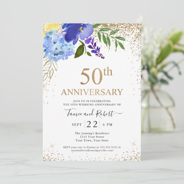 Invitation Purple Blue Floral Gold 50e anniversaire Mariage (Debout devant)