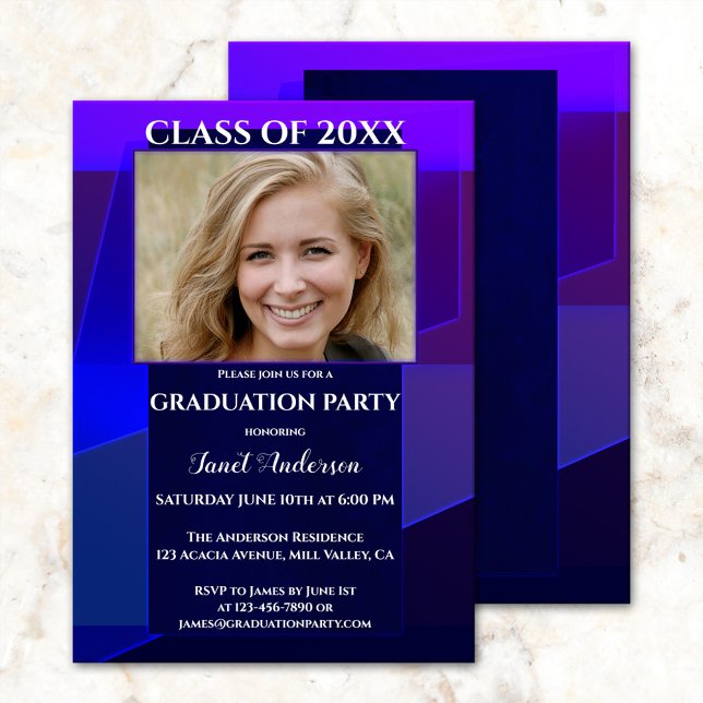 Invitation Purple Blue Neon Géométrique Photo Graduation (Créateur téléchargé)