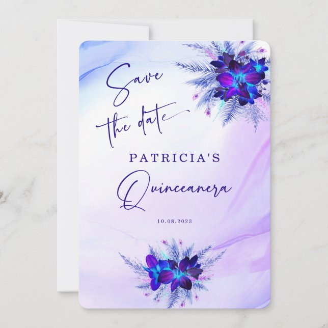 Invitation Purple Blue Orchid Quinceañera Enregistrer la date (Devant)