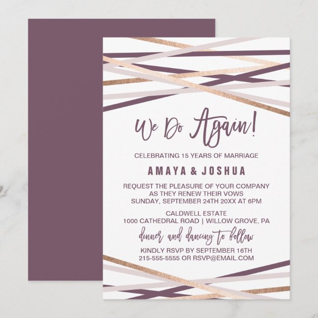 Invitation Purple Blush et Rose Gold Streamers Vow Renewal (Devant / Derrière)