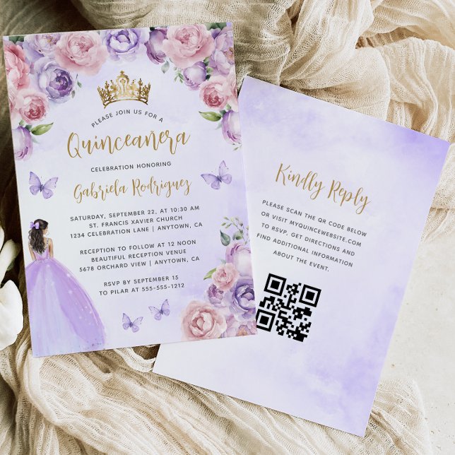 Invitation Purple Blush Floral Or QR Code Quinceañera (Créateur téléchargé)