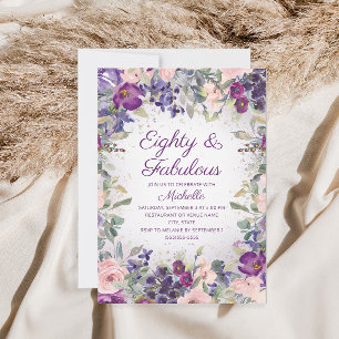 Invitation Purple Blush Rose Floral 80 et Fabuleux anniversai