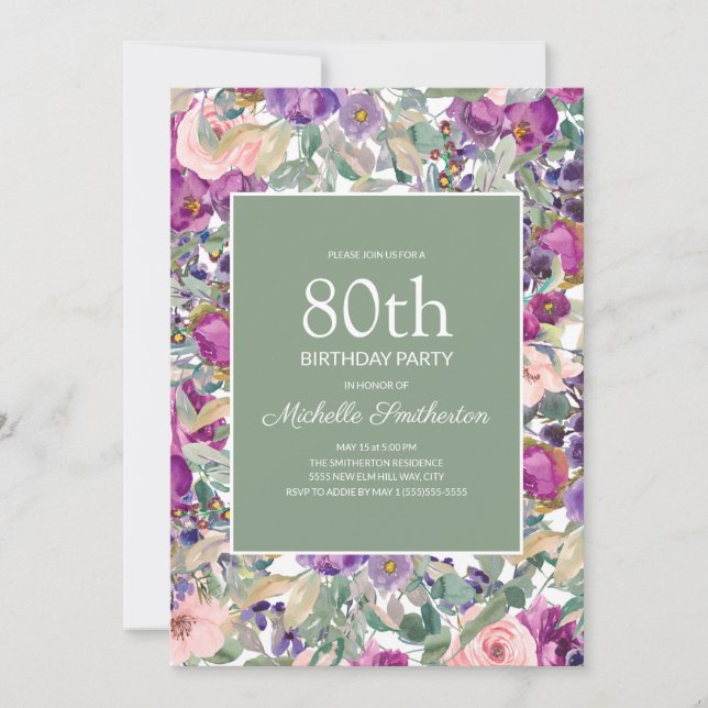 Invitation Purple Blush rose floral Sage vert 80e anniversair (Devant)