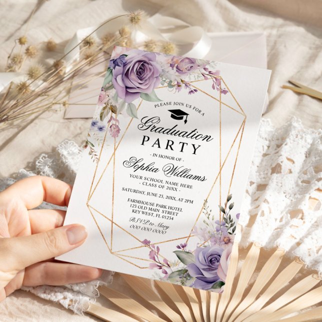 Invitation Purple & Blush Rose Graduation Party Fille Floral (Créateur téléchargé)