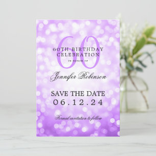 Invitation Purple Bokeh 60th Birthday Enregistrer la date