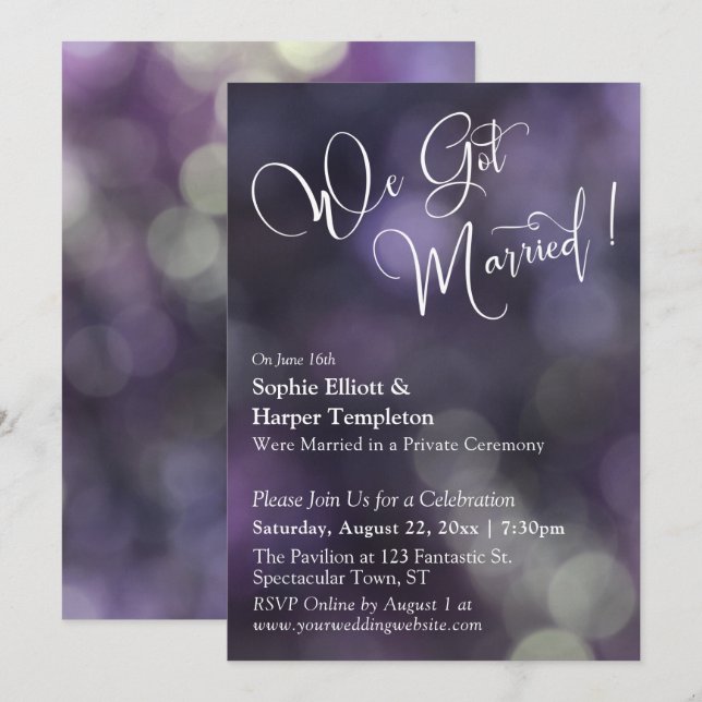 Invitation Purple Bokeh Light & Typographie "Nous Nous Sommes (Devant / Derrière)