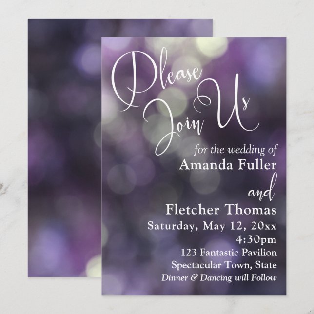 Invitation Purple Bokeh Lumière et typographie 32 Mariage 2 (Devant / Derrière)