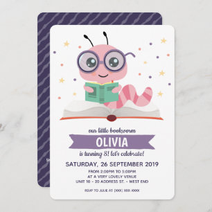 Invitation Purple Bookworm Livre Anniversaire