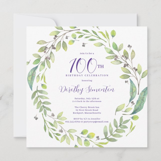 Invitation Purple Botanical 100e fête d'anniversaire (Devant)