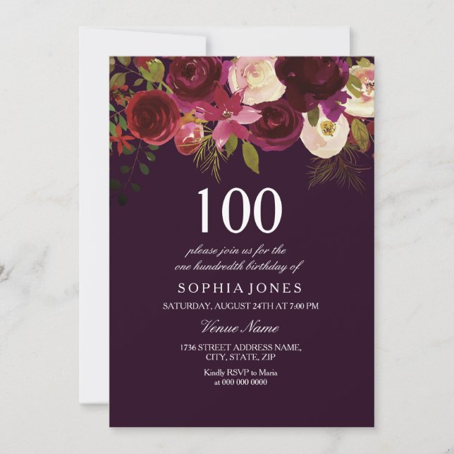 Invitation Purple Bourgogne Fleur 100e anniversaire Invitatio (Devant)
