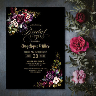 Invitation Purple Bourgogne Floral Fête des mariées noire