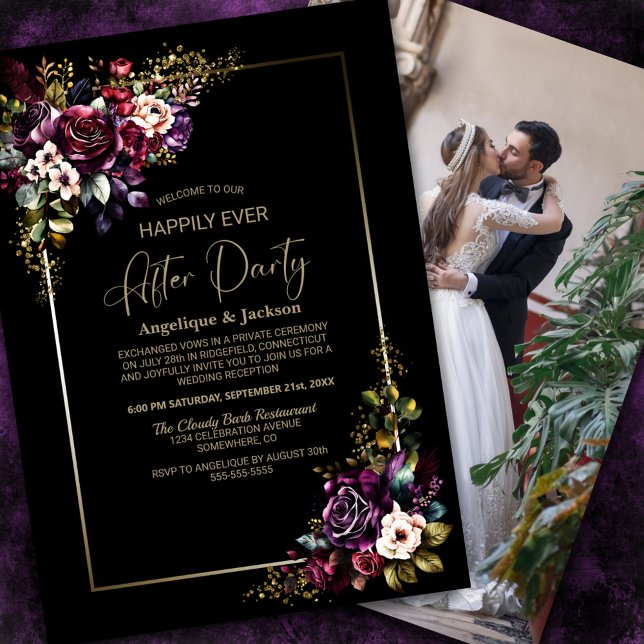 Invitation Purple Bourgogne Floral Noir Mariage après la fête (Créateur téléchargé)