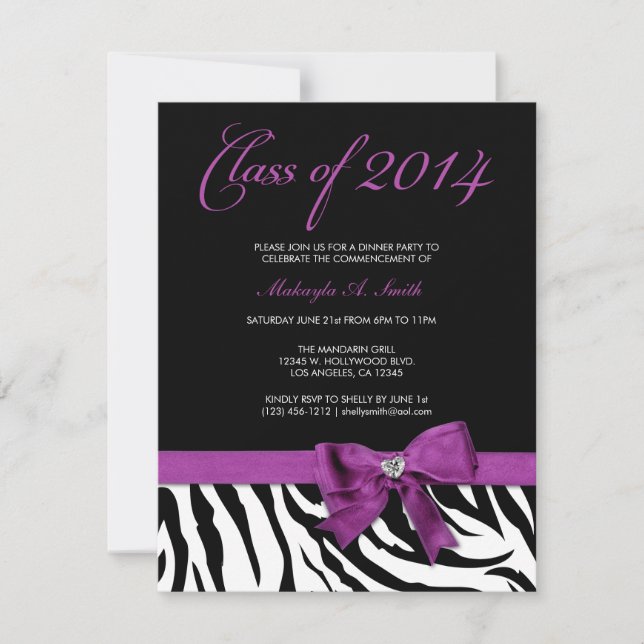 Invitation Purple Bow avec zèbre rayé Classe de 2014 (Devant)