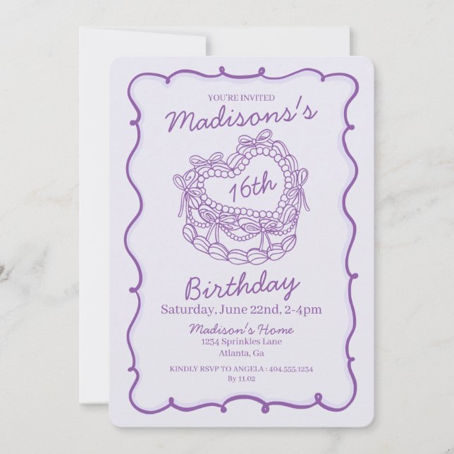 Invitation Purple Bow Sweet 16 Coeur Coquette gâteau Annivers (Devant)