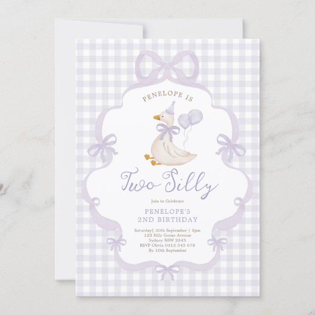 Invitation Purple Bow Two Silly Goose 2nd Birthday (Devant)