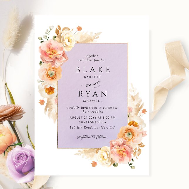 Invitation Purple, brun de Pêche et Mariage floral chic à la  (Créateur téléchargé)