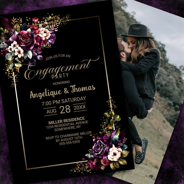 Invitation Purple Burgundy Floral Black Engagement Party (Créateur téléchargé)