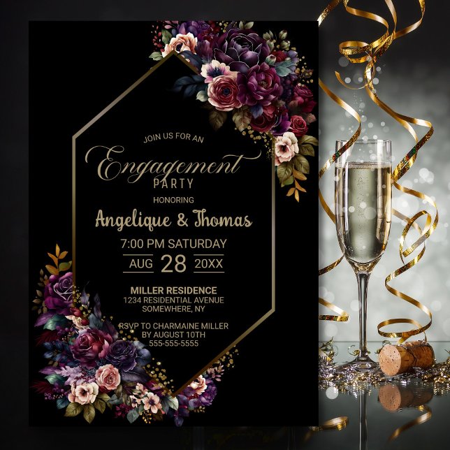 Invitation Purple Burgundy Floral Black Engagement Party (Créateur téléchargé)