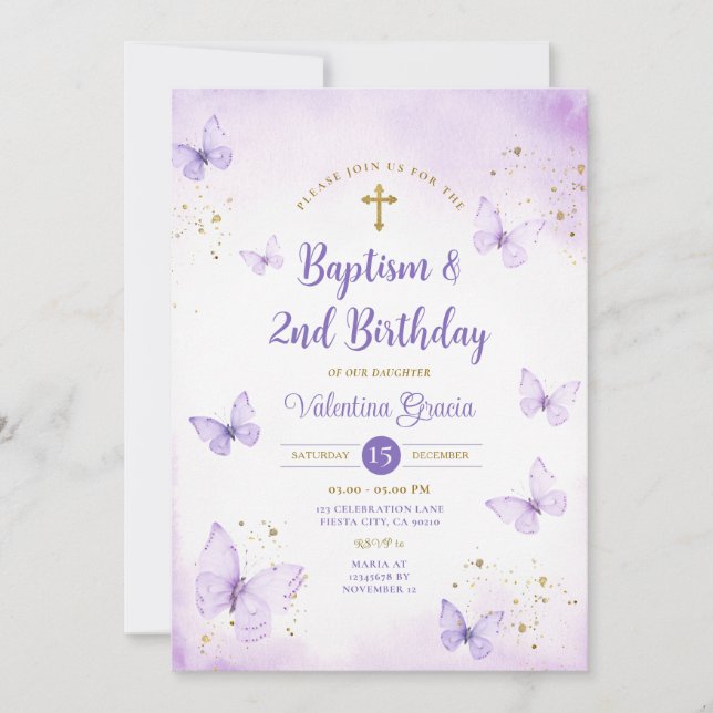 Invitation Purple Butterfly Girl 2e Anniversaire Baptême Croi (Devant)