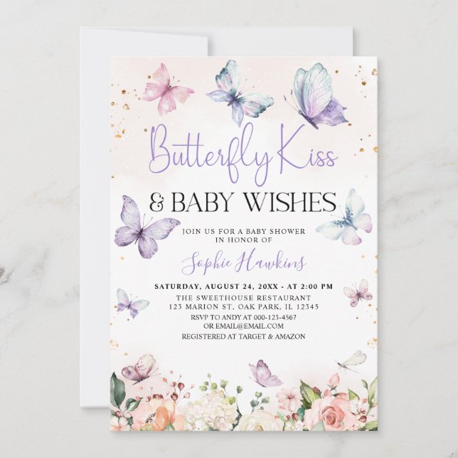 Invitation Purple Butterfly Kisses Baby Girl Baby shower (Devant)