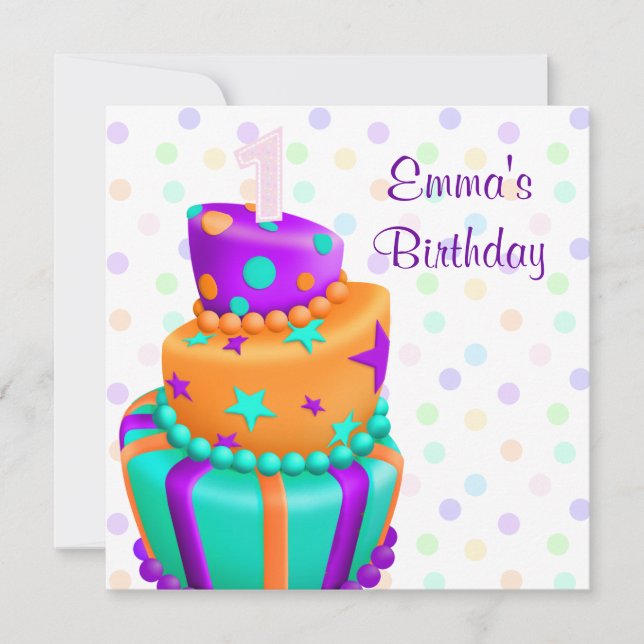 Invitation Purple Cake Présente Filles 1er Anniversaire (Devant)