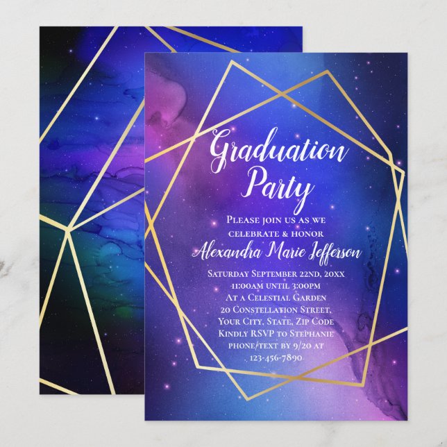 Invitation Purple Celestial Géométrique Gold Party (Devant / Derrière)