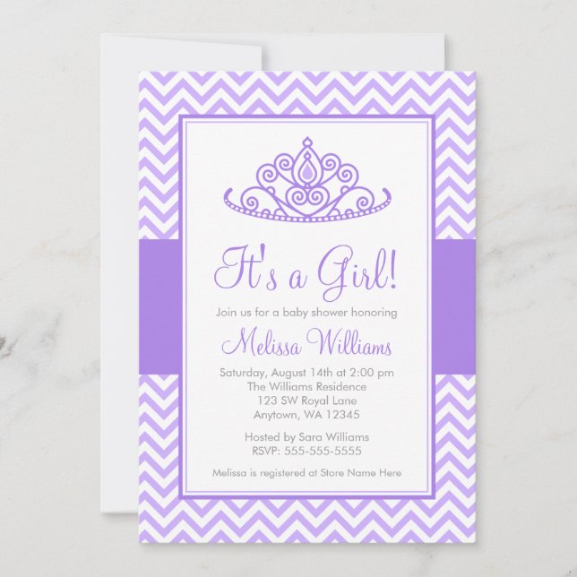 Invitation Purple Chevron Princess Baby shower de la Couronne (Devant)