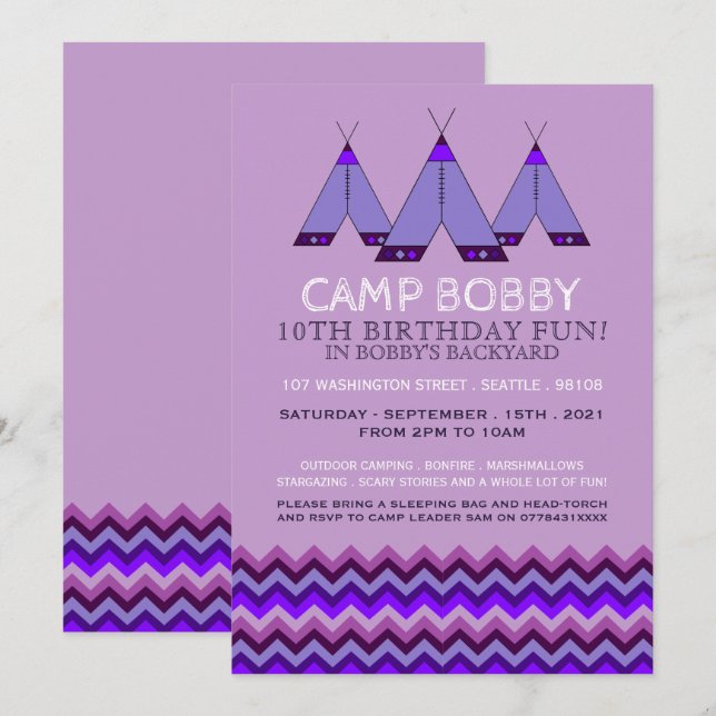 Invitation Purple Chevron Tipi, Camping Anniversaire (Devant / Derrière)