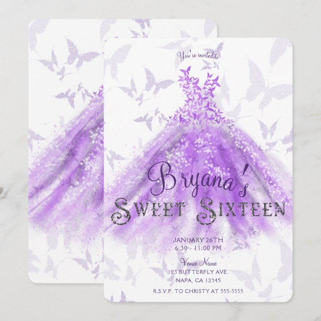 Invitation Purple Chic Butterfly Dance robe Sweet 16 (Devant / Derrière)
