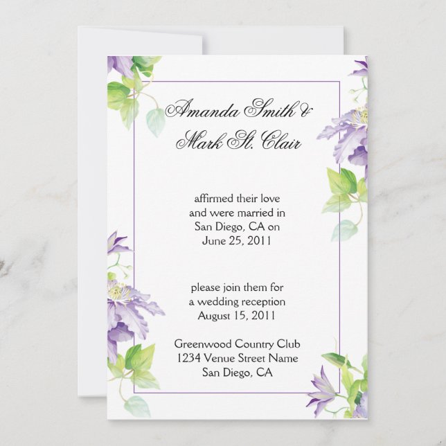 Invitation Purple Clematis Post Mariage Réception Invit (Devant)