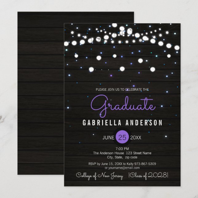 Invitation Purple Confetti Étoiles Étincelantes Graduation (Devant / Derrière)