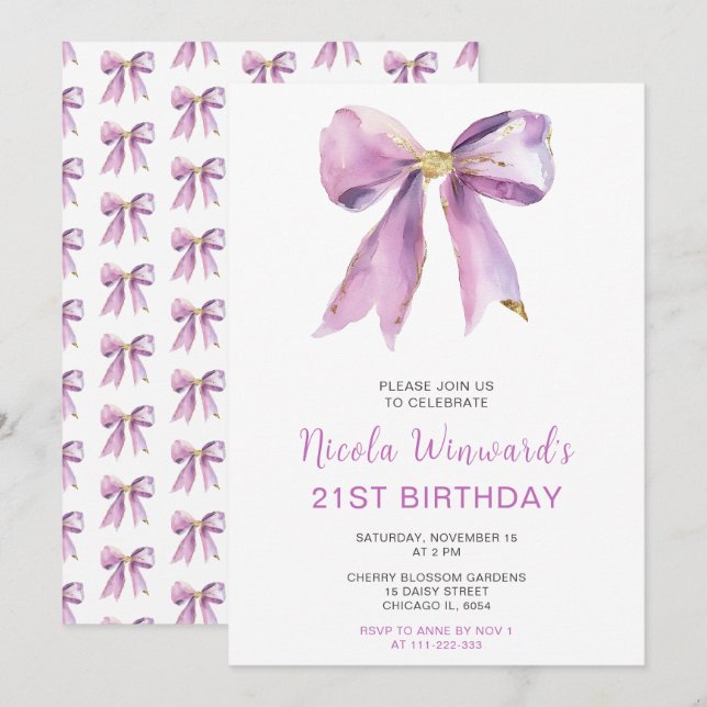 Invitation Purple Coquette Bow fête d'anniversaire (Devant / Derrière)