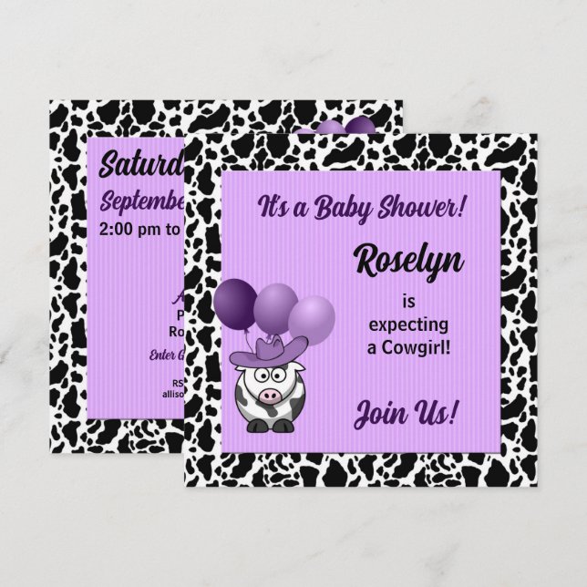 Invitation Purple Cowgirl Baby shower occidental (Devant / Derrière)