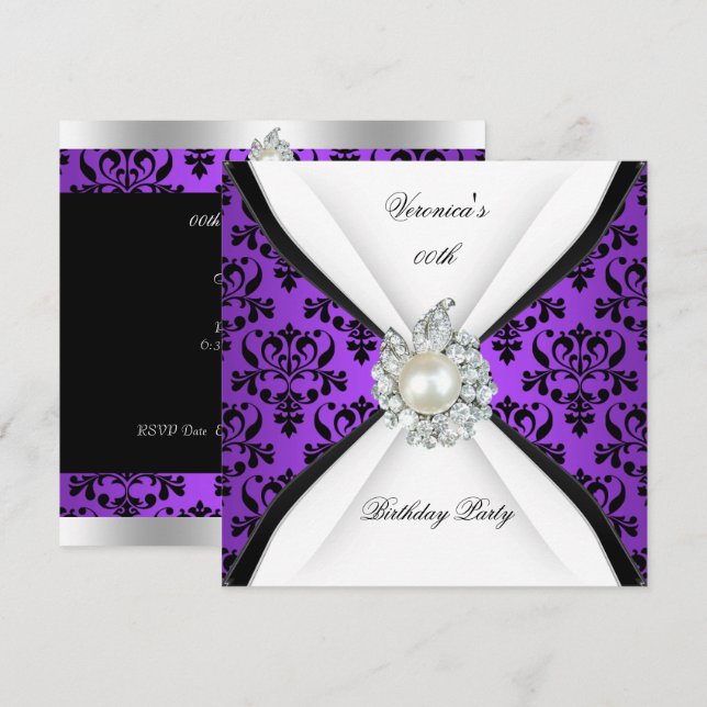 Invitation Purple Damask Black White Pearl Diamond Anniversai (Devant / Derrière)