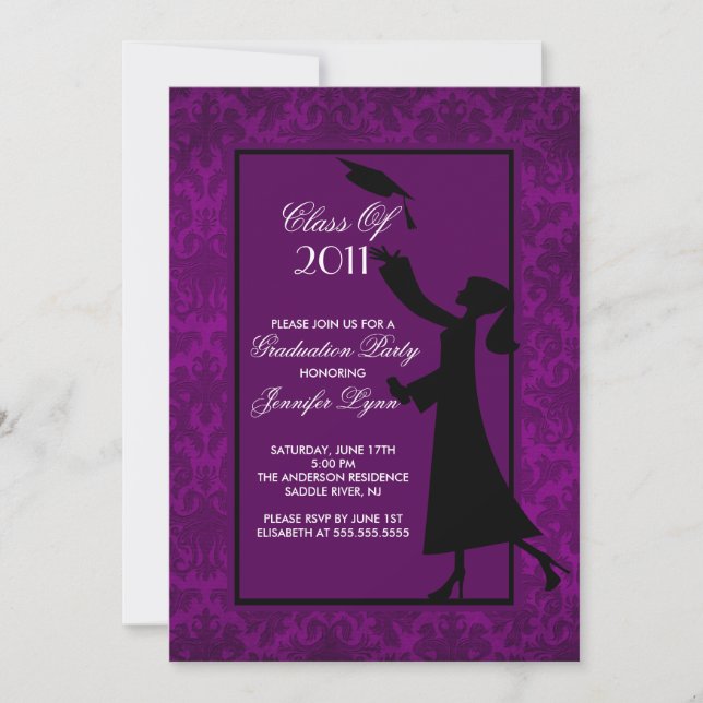 Invitation Purple Damask Diplômé (Devant)
