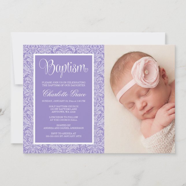Invitation Purple Damask Girl Photo Baptême Christening (Devant)