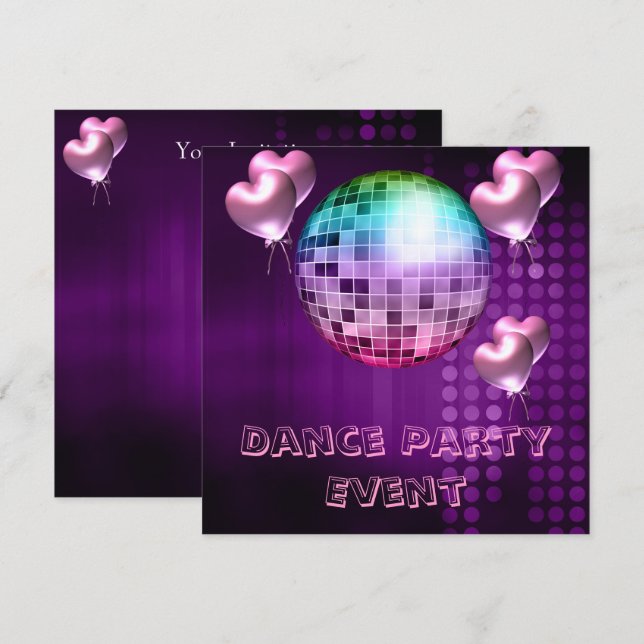 Invitation Purple Dance Party Événement Mirrorball Amour Ball (Devant / Derrière)