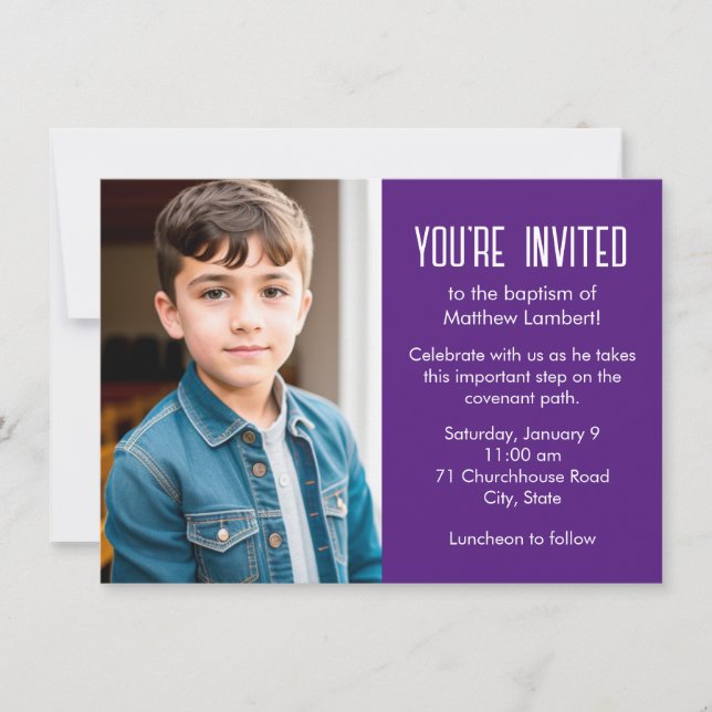 Invitation Purple Dernier Jour Saint Enfant Photo Baptême (Devant)
