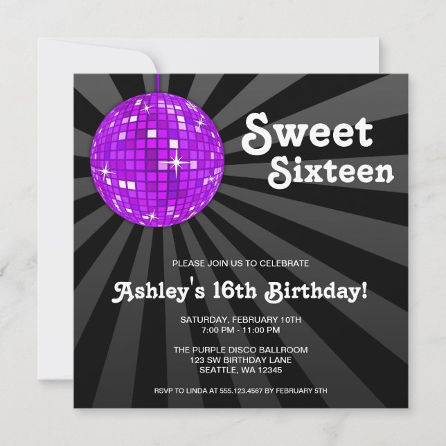 Invitation Purple Disco Ball Sweet 16 Anniversaire (Devant)