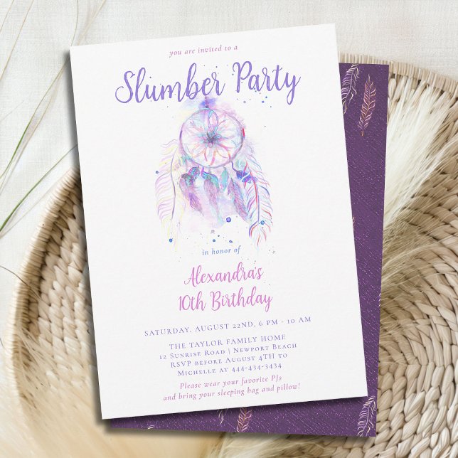 Invitation Purple Dream Catcher Fête de bois d'oeuvre Filles  (girls slumber party invitation birthday pj sleep over dream catcher pink purple watercolor feathers )