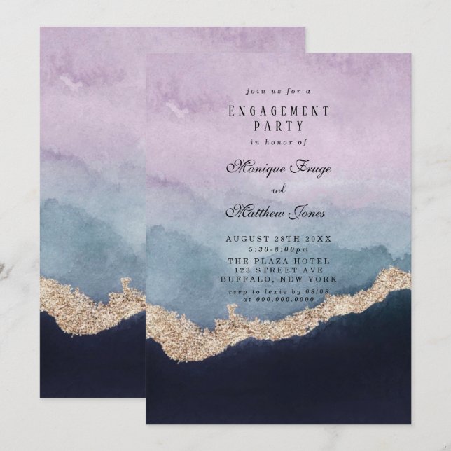 Invitation Purple Dusty Blue Agate Gold (Devant / Derrière)