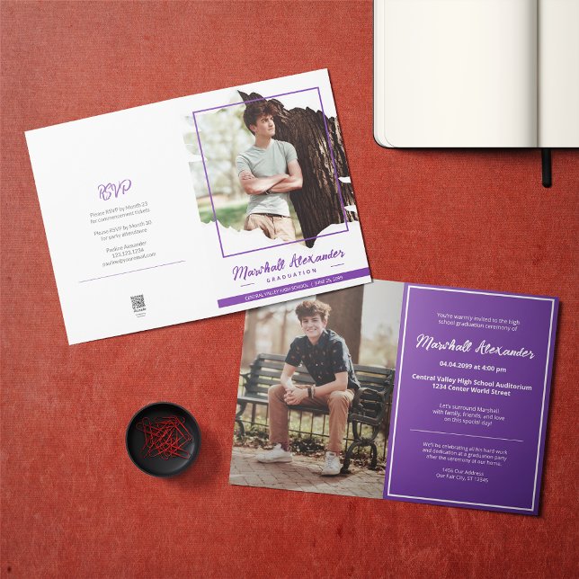 Invitation Purple Edgy Abstrait Torn Photo Graduation (Créateur téléchargé)