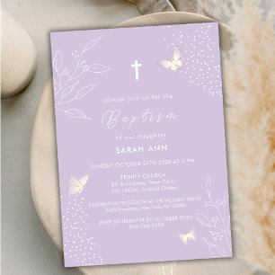 Invitation Purple Elegant Feuille Papillon Croix Baptême
